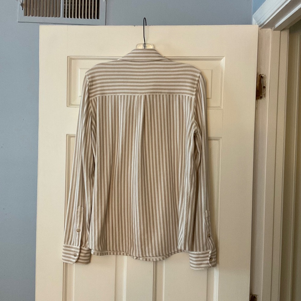 Faherty Legend Sweater Shirt Tannin Stripe Tan Cream Button Down Top Womens M - Picture 9 of 12